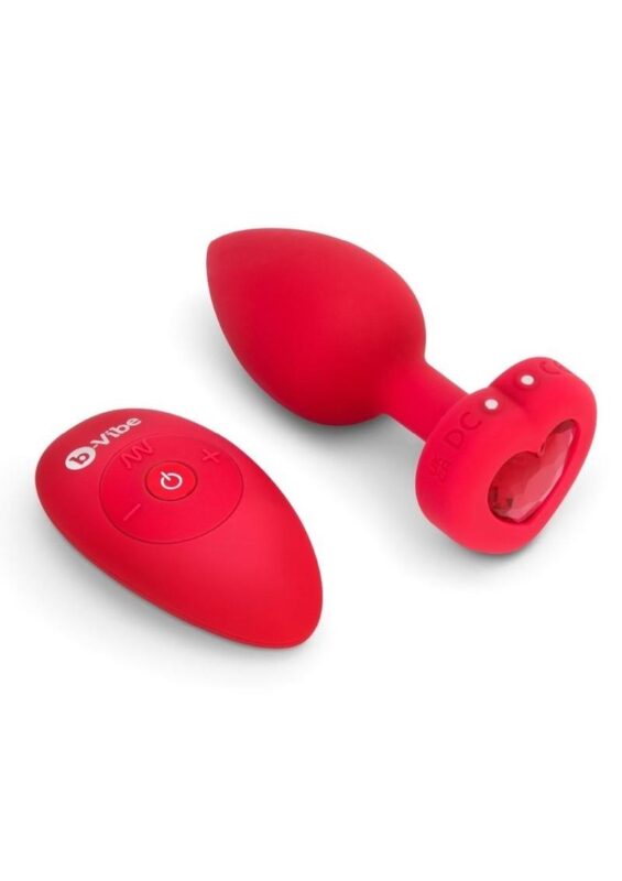 B-Vibe Vibrating Heart Shape Jewel Rechargeable Silicone Anal Plug with Remote - Medium/Large - Red