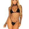 Leg Avenue High Neck Fence Net Long Sleeved Bodysuit with Snap Crotch Thong Panty - O/S - Black