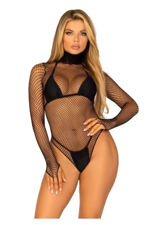 Leg Avenue Fishnet High Neck Long Sleeved Bodysuit with Snap Crotch - O/S - Black