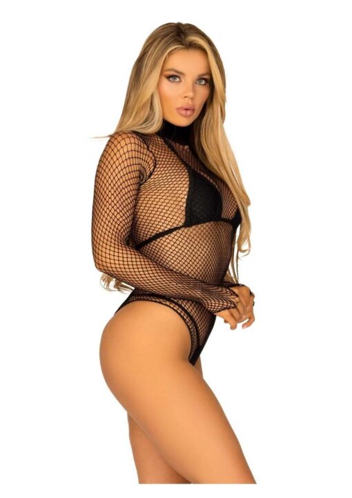 Leg Avenue Fishnet High Neck Long Sleeved Bodysuit with Snap Crotch - O/S - Black