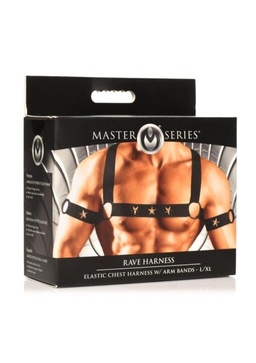 Master Series Rave Harness Elastic Chest Harness with Arm Bands - Large/Xlarge - Black/Gold