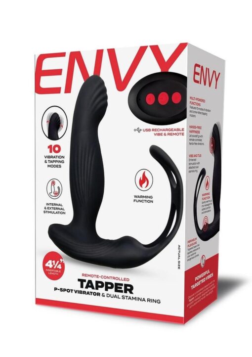 Envy Toys Remote Controlled Tapper Rechargeable Silicone P-Spot Vibrator and Dual Stamina Ring - Black