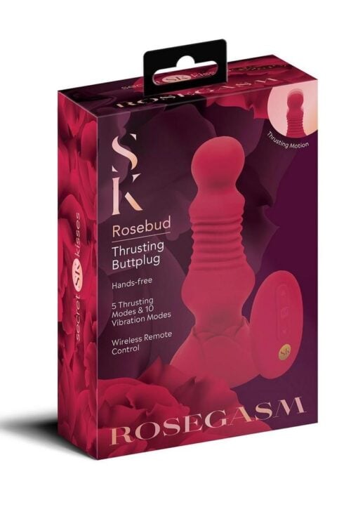 Secret Kisses Remote Control Thrusting Rechargeable Silicone Rosebud Buttplug - Red
