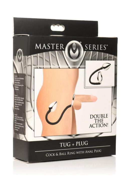 Master Series Tug + Plug Aluminum Cock and Ball Ring with Anal Plug - Black/Silver