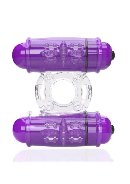 4T Double Wammy Silicone Rechargeable Dual Vibrating Couples Cock Ring - Grape
