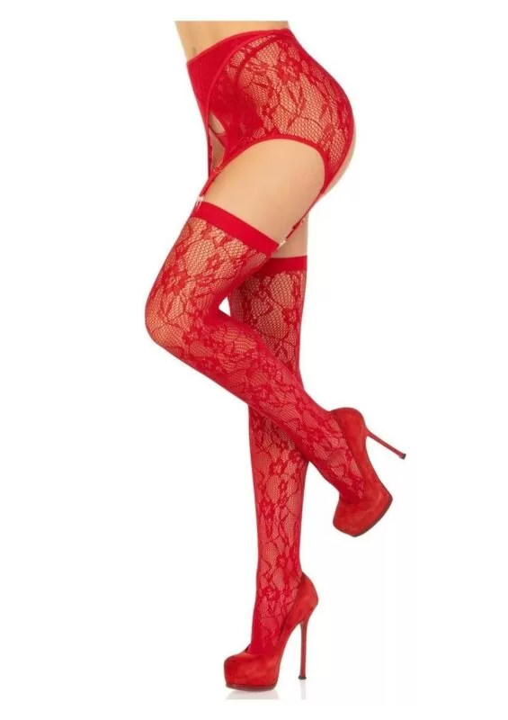 Leg Avenue Rachel Lace Thigh Highs and Crossover Garter Belt 2pc - O/S - Red