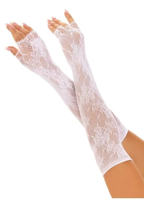 Leg Avenue Seamless Opera Length Floral Net Fingerless Gloves - O/S - White