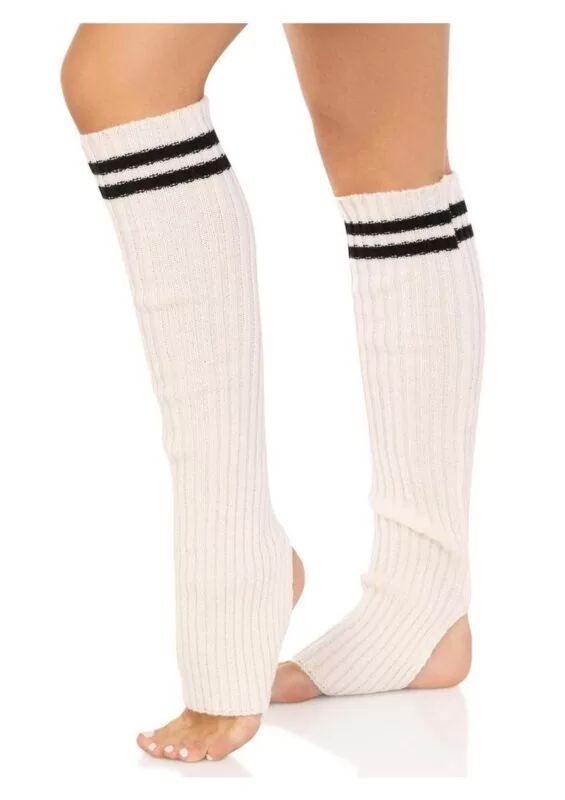 Leg Avenue Ribbed Stirrup Leg Warmers with Athletic Stripe - O/S - White