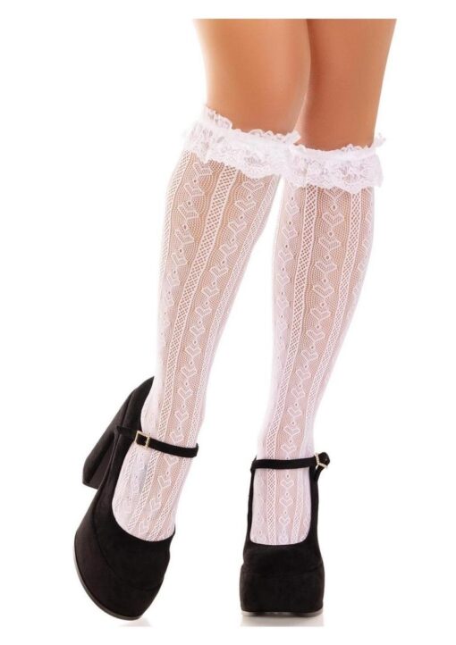 Leg Avenue Sweetheart Knit Knee Highs with Lace Ruffle Cuff - O/S - White