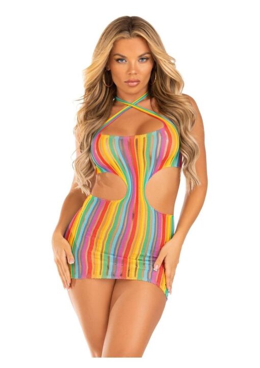 Leg Avenue Rainbow Stripe Cross-Over Halter Mini Dress - O/S - Multicolor