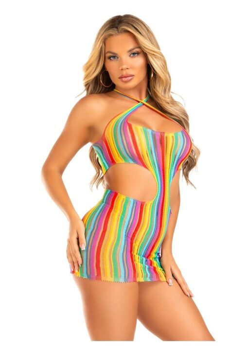 Leg Avenue Rainbow Stripe Cross-Over Halter Mini Dress - O/S - Multicolor