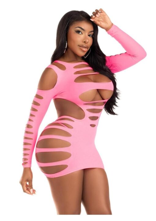 Leg Avenue Opaque Shredded Cut-Out Mini Dress - O/S - Neon Pink