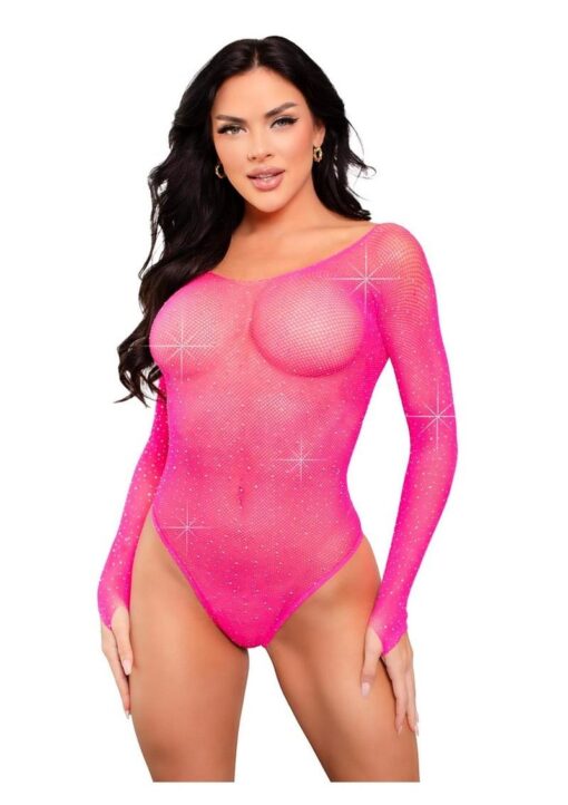 Leg Avenue Crystalized Long Sleeve Fishnet Thong Back Bodysuit with Snap Crotch - O/S - Neon Pink