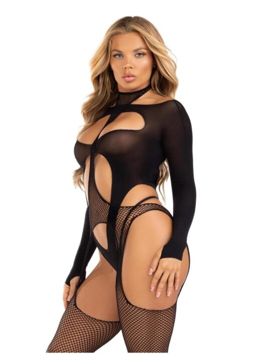 Leg Avenue Fishnet Halter Suspender Bodystocking and Layered Opaque Cut-Out Teddy (2 Piece) - O/S - Black