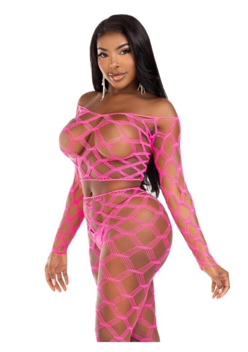 Leg Avenue Hardcore Net Crop Top and Footless Tights (2 Piece) - O/S - Neon Pink