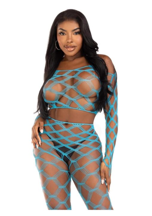 Leg Avenue Hardcore Net Crop Top and Footless Tights (2 Piece) - O/S - Turquoise
