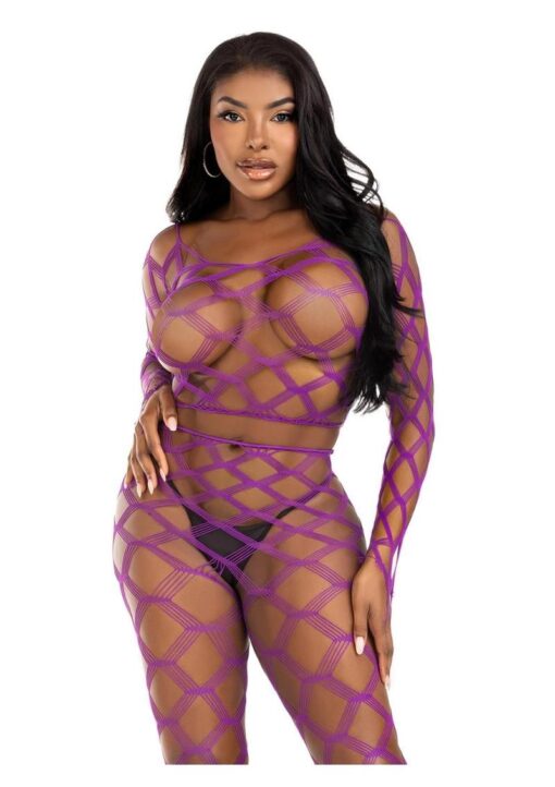 Leg Avenue Hardcore Net Crop Top and Footless Tights (2 Piece) - O/S - Violet