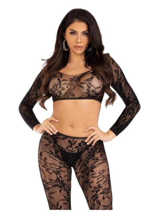 Leg Avenue Seamless Chantilly Lace Crop Top and Footless Tights (2 Piece) - O/S - Black