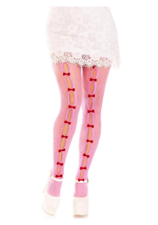 Leg Avenue Sweetheart Striped Net Tights with Keyhole and Mini Bow Detail - O/S - Pink
