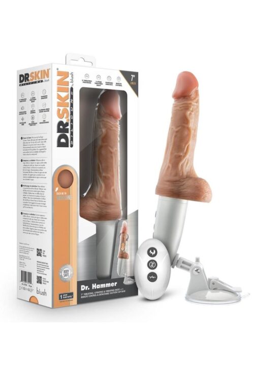 Dr. Skin Platinum Collection Silicone Dr. Hammer Rechargeable Thrusting Dildo with Handle and Remote Control 7in - Vanilla