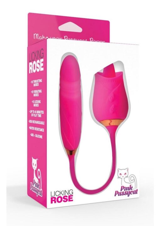 Pink Pussycat Vibrating Licking Rechargeable Silicone Rose with Remote - Pink