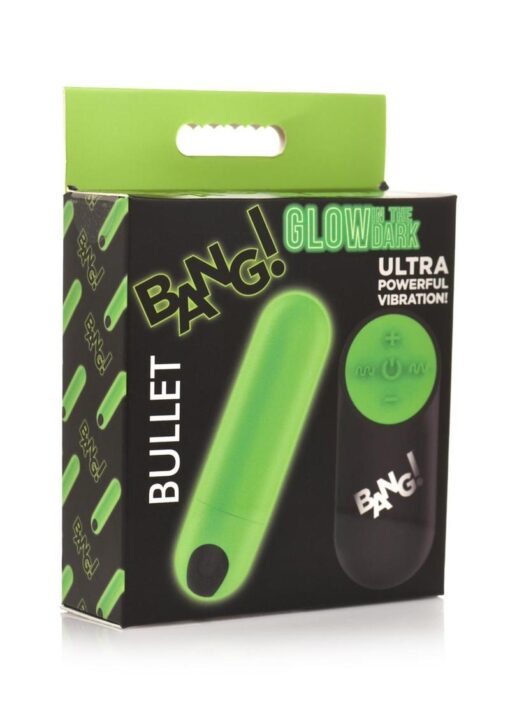 Bang! 28X Glow in The Dark Rechargeable Silicone Bullet with Remote - Green