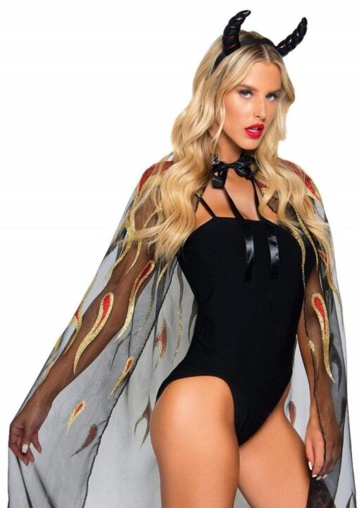 Leg Avenue Sheer glitter Flame Devil Cape and Devil Horns (2 Piece) - O/S - Black