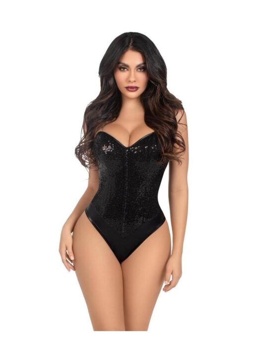 Leg Avenue Sequin Boned Snap Crotch Bodysuit with Detachable Clear Strap (2 Piece) - Medium - Black