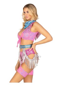 Leg Avenue Space Cowgirl Set Bandana Print Tie Front Crop Top with Fringe Trim