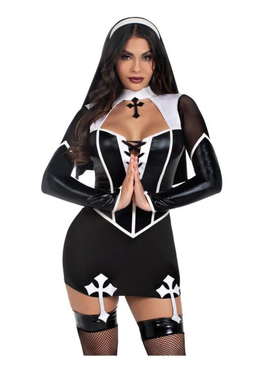 Leg Avenue Holy Hottie Set Boned Garter Dress with Cross Accents and Nun Habit (2 Piece) - Small - Black/White