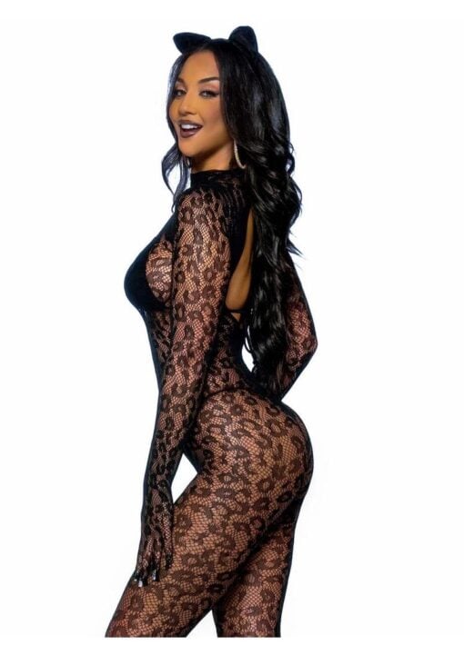 Leg Avenue Seamless Leopard Net Gloved Catsuit - O/S - Black