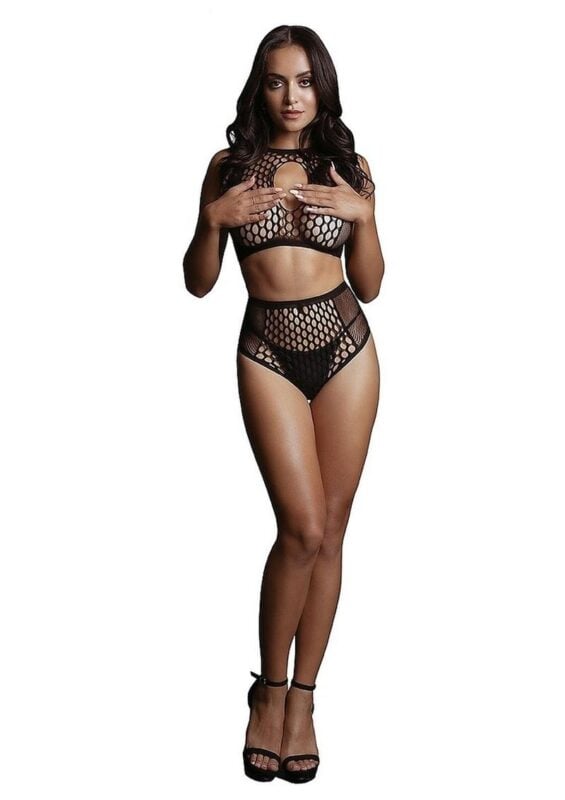 Le Desir Duo Net Key Hole Bra Set - O/S - Black