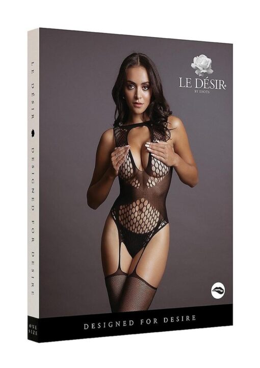 Le Desir Contrast Suspender Bodystocking - O/S - Black