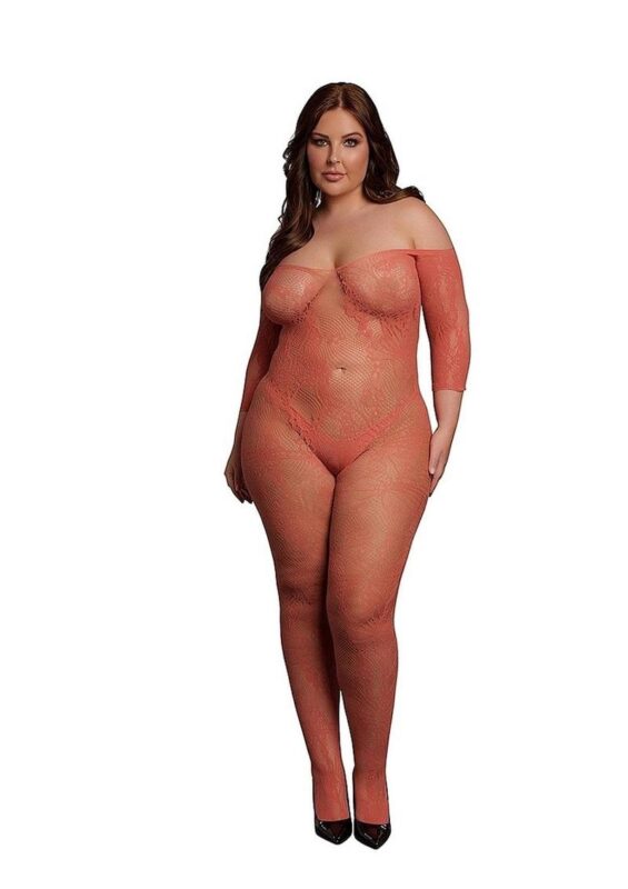 Le Desir Lace Long Sleeved Bodystocking - Queen - Sunset Glow Orange