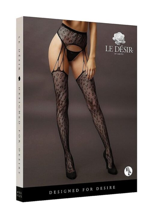 Le Desir Suspender Leopard Pantyhose - O/S - Black