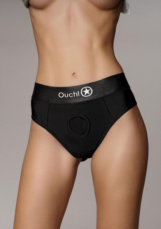 Ouch! Vibrating Strap-On Thong with Removable Butt Straps Rechargeable - XS/SM - Black