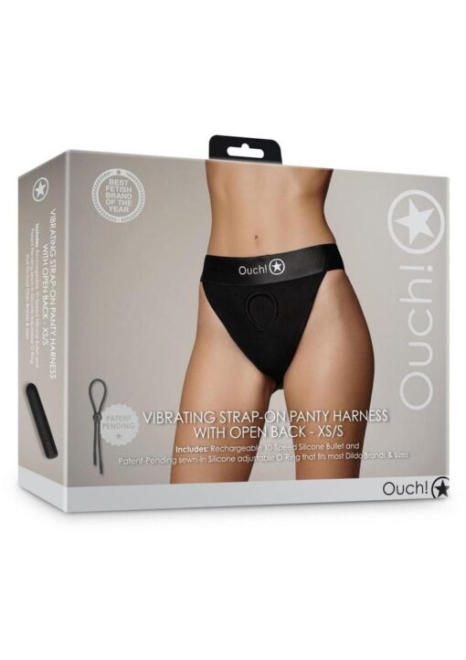 Ouch! Vibrating Strap-On Panty Harness with Open Back Rechargeable - XS/SM - Black