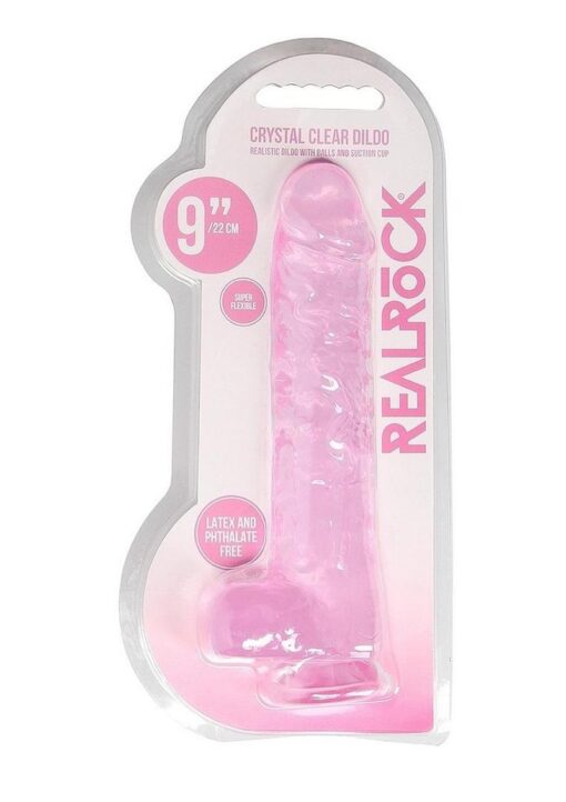 RealRock Crystal Clear Dildo with Balls 9in - Pink