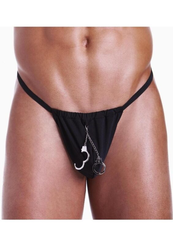 Fundies Hundcuff G-String With Toy Handcuffs - O/S - Black