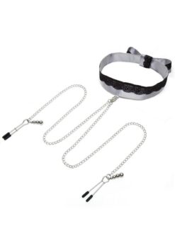 Fifty Shades of Grey Play Nice Satin and Lace Collar andamp; Nipple Clamps - Silver/Black