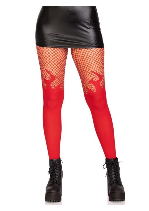 Leg Avenue Opaque Flame Tights with Fishnet Top - OS - Red