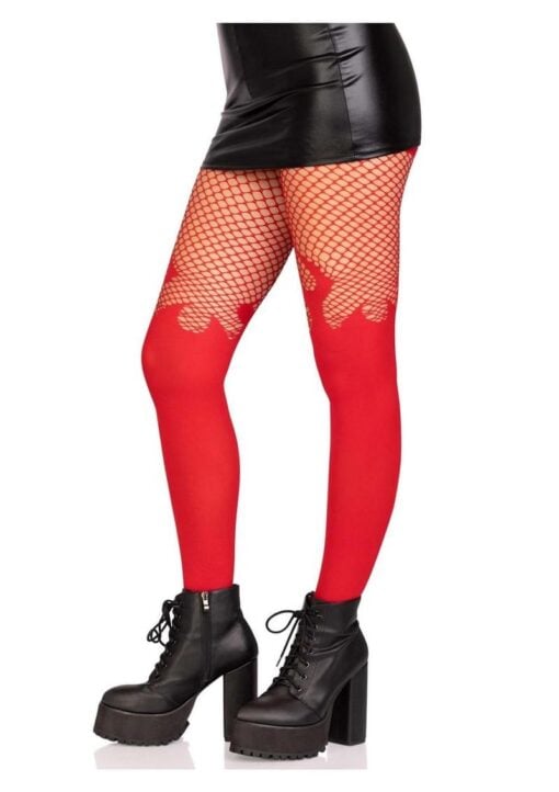 Leg Avenue Opaque Flame Tights with Fishnet Top - OS - Red