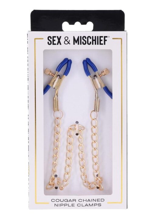 Sex and Mischief Cougar Chained Nipple Clamps - Gold/Navy