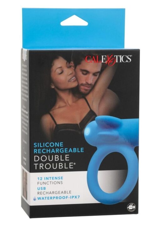 Silicone Rechargeable Double Trouble Cock Ring - Blue