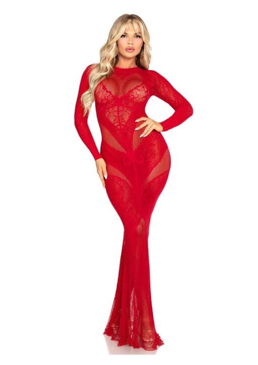 Leg Avenue Lace and Net Body Con Gown with Heart Keyhole Detail - OS - Red