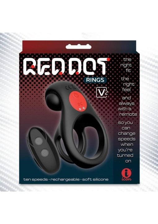 Red Dot Silicone Rechargeable Vibrating Cock Ring with Controller V2 - Black/Red