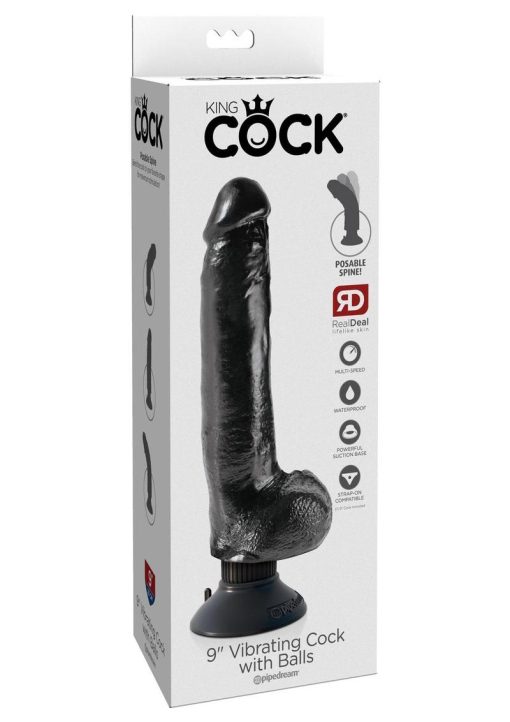King Cock Vibrating Realistic Dildo With Balls Waterproof Black 9 Inch - Image 2