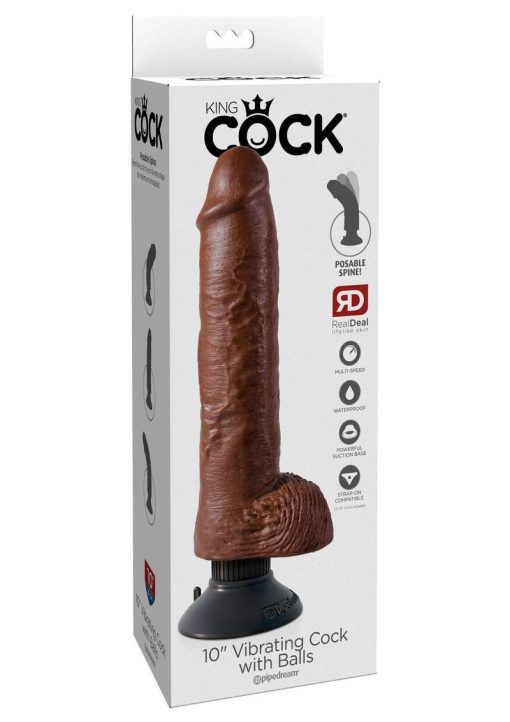 King Cock Vibrating Realistic Dildo With Balls Waterproof Brown 10 Inch - Image 2