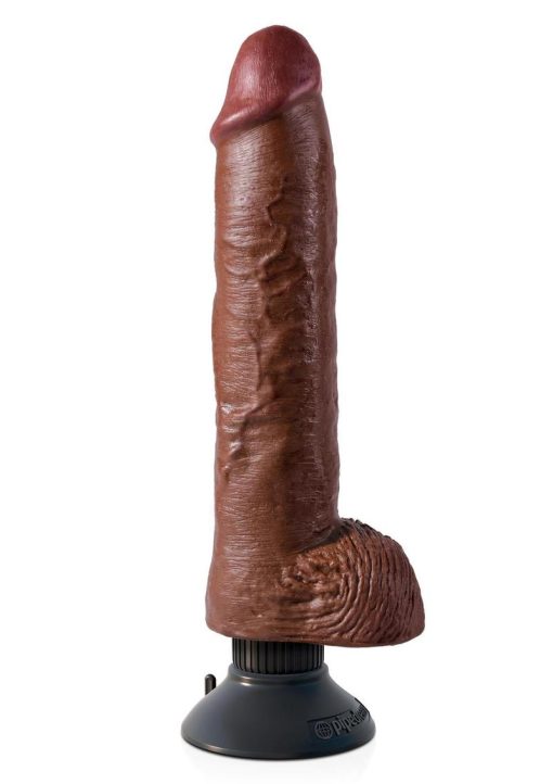 King Cock Vibrating Realistic Dildo With Balls Waterproof Brown 10 Inch - Image 3