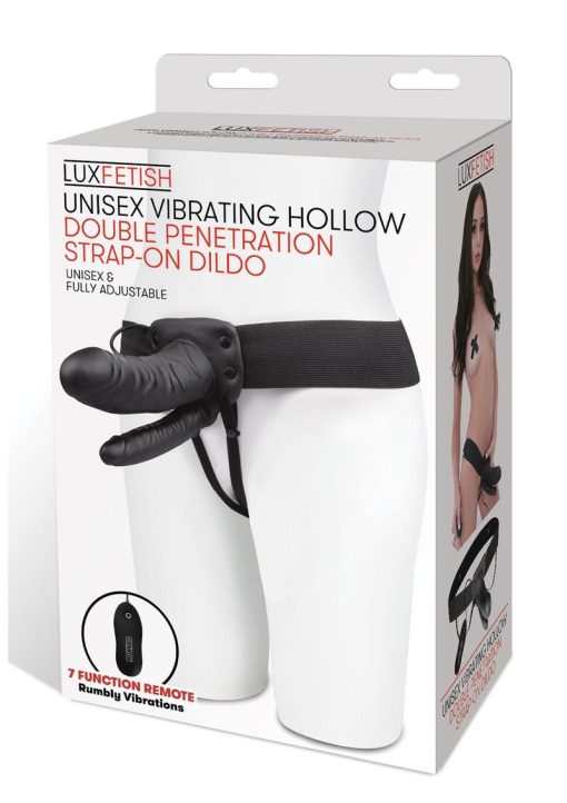Lux Fetish Unisex Vibrating Hollow Double Penetration Strap-On Dildo With Wired Remote Control Black 9 Inch - Image 2